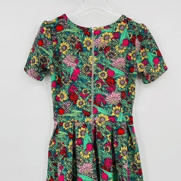 Lularoe Size Small Green & Pink Floral Fit & Flare Amelia Dress Short Sleeve - Picture 7 of 8